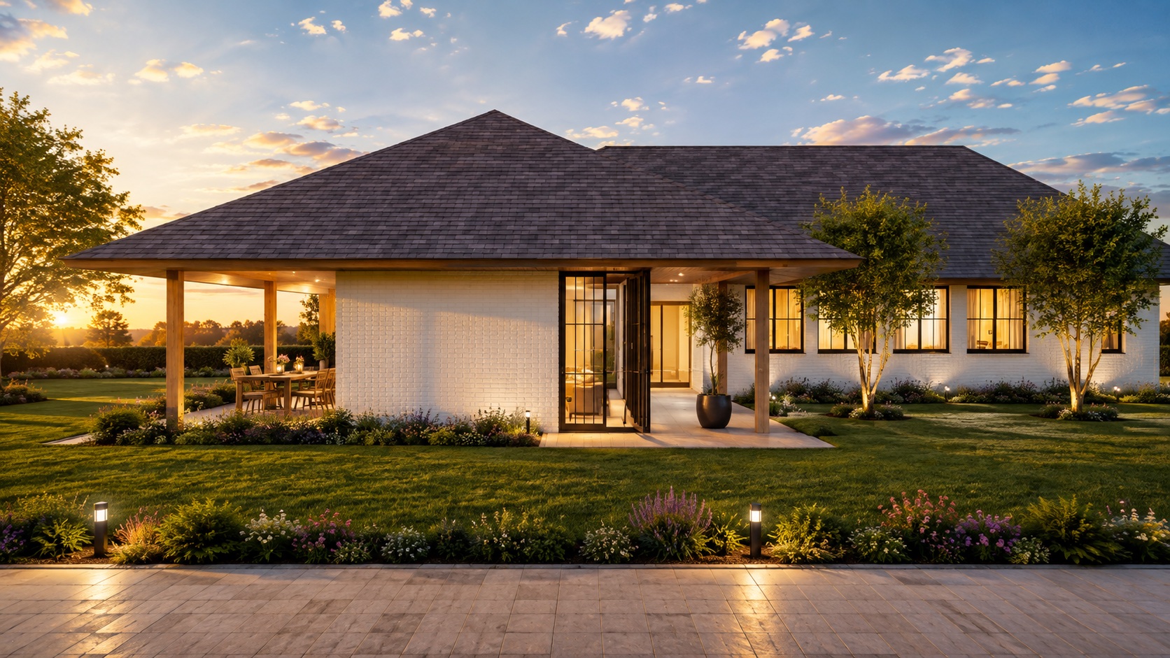 The entrance side: a covered terrace with timber columns leads to the front door, the bedroom wing's windows to the right