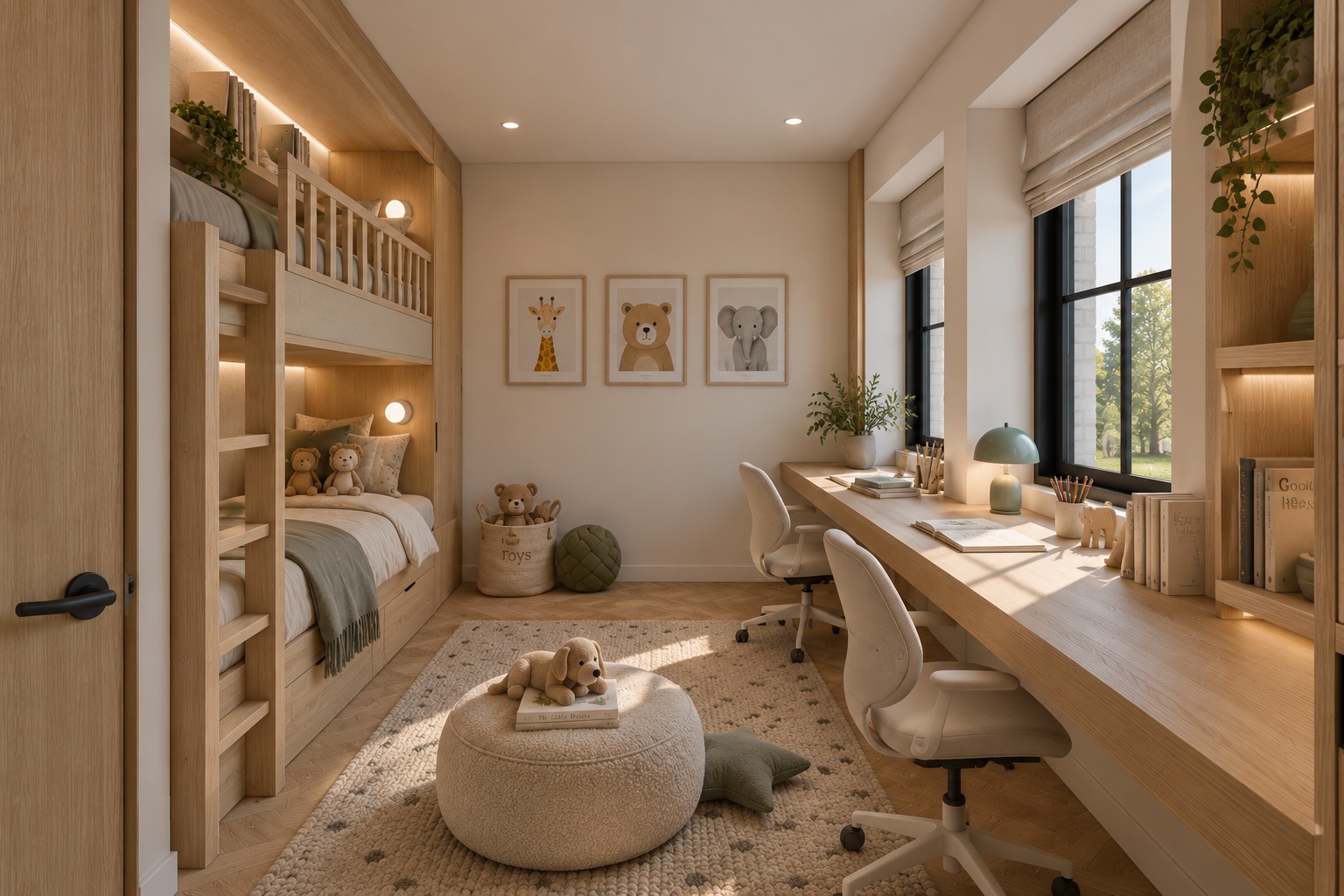 The kids' room: built-in oak bunk beds with drawers, a long desk under two windows, soft rug and toys
