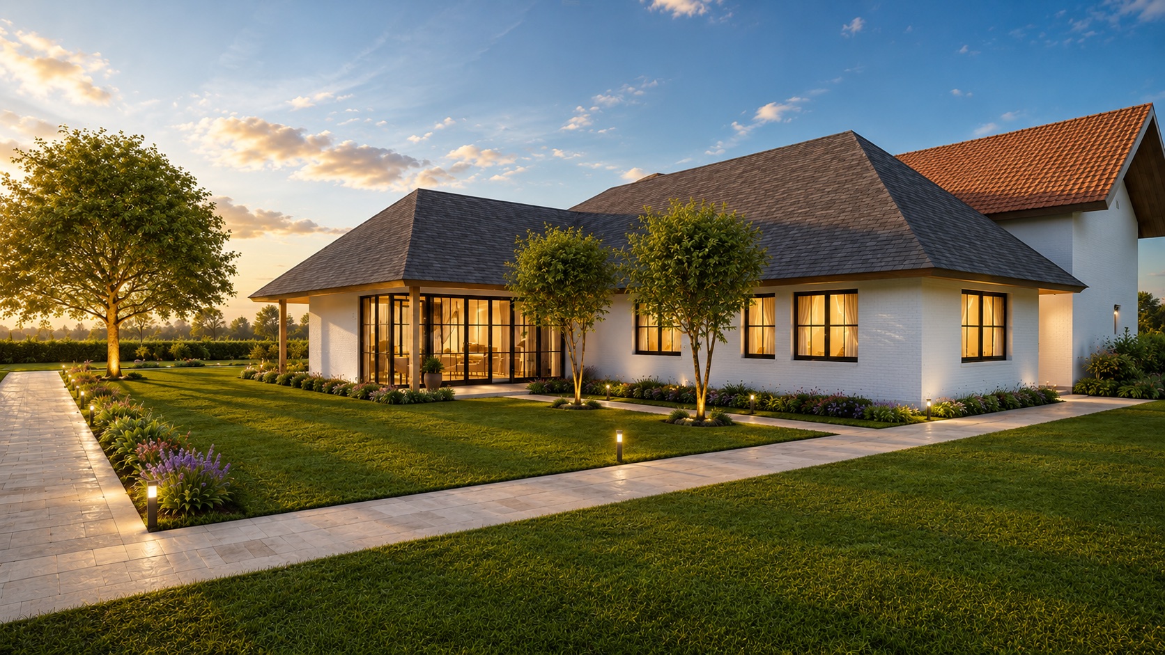 Saratoc Residence at dusk, seen from the lawn: white brick, black steel windows and a hipped roof over a glazed corner