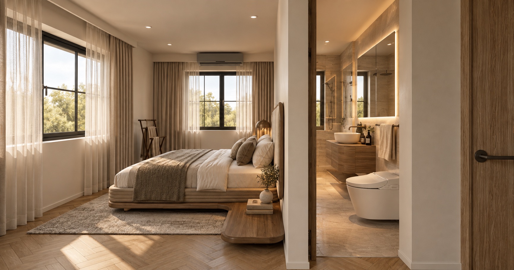 The master bedroom in oak and linen tones, with a window at the head of the bed and the en-suite bathroom seen through an open door