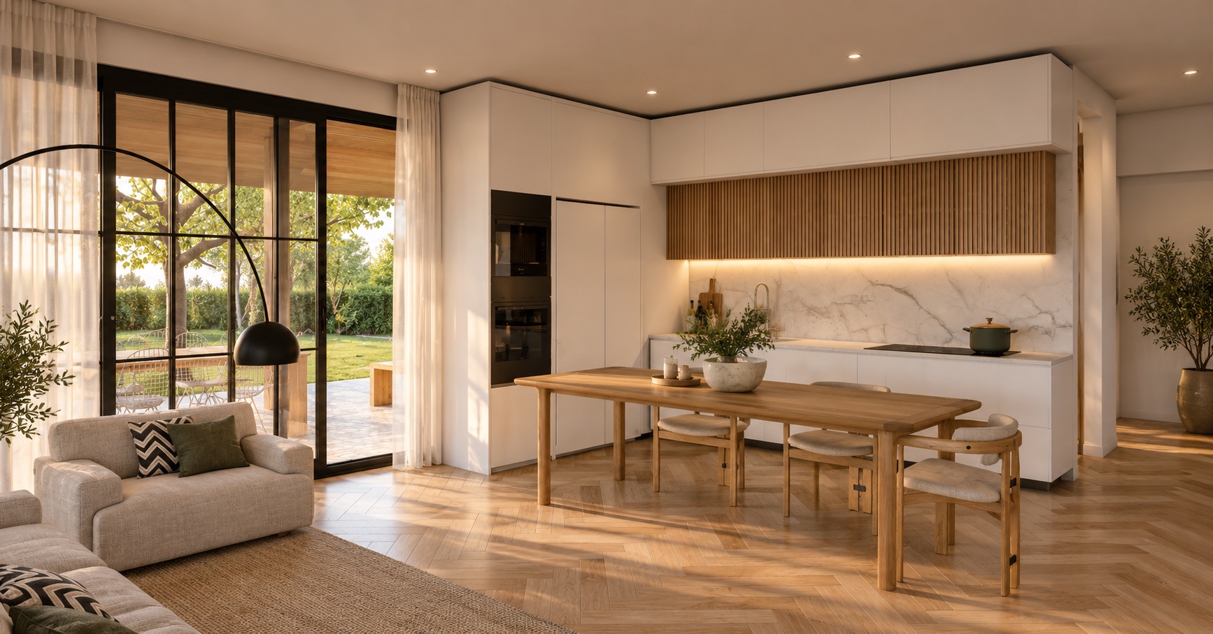 The open space: white kitchen with a slatted oak hood and stone splashback, an oak dining table, a sofa by tall glazed doors to the terrace