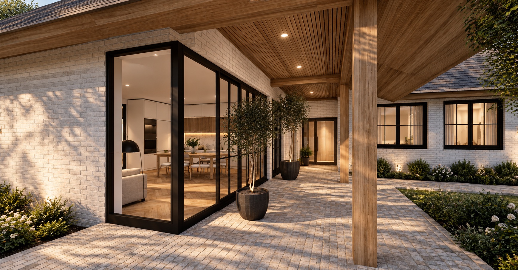 Close view under the entrance portico: a glazed corner in black steel, timber ceiling and column, the front door ahead