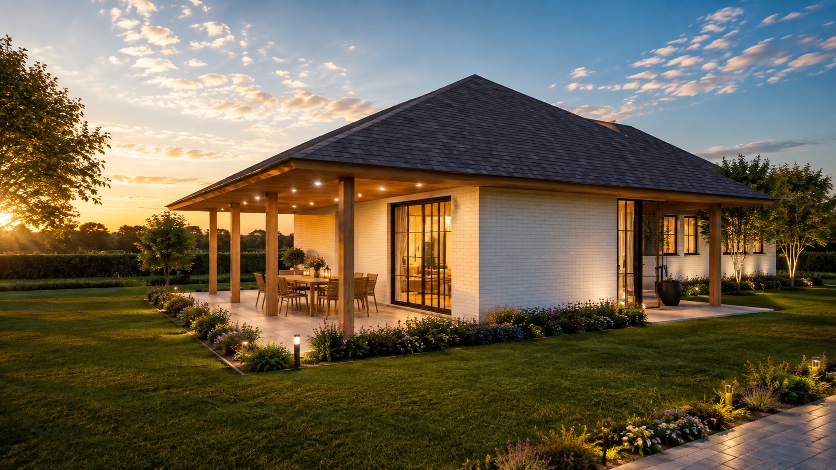 A covered terrace with a dining table under the roof overhang, the house lit warmly at dusk